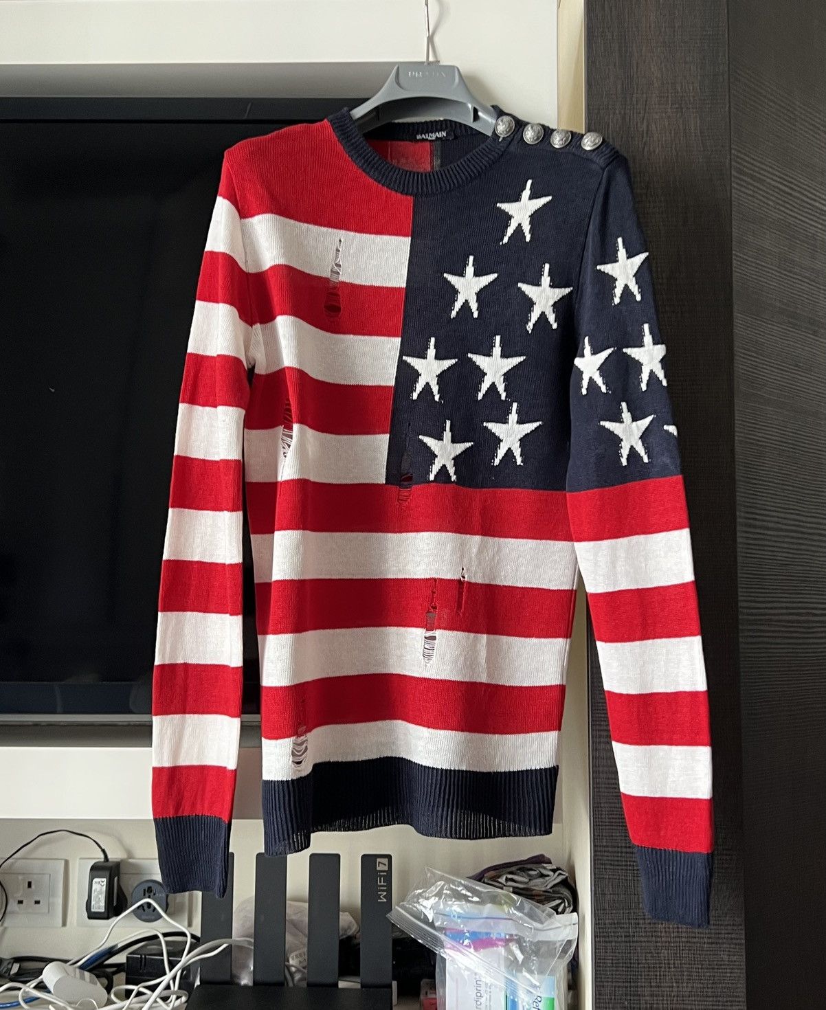 Balmain Balmain Distressed American Flag Wool Sweater Size US S / EU 44-46 / 1 - 1 Thumbnail