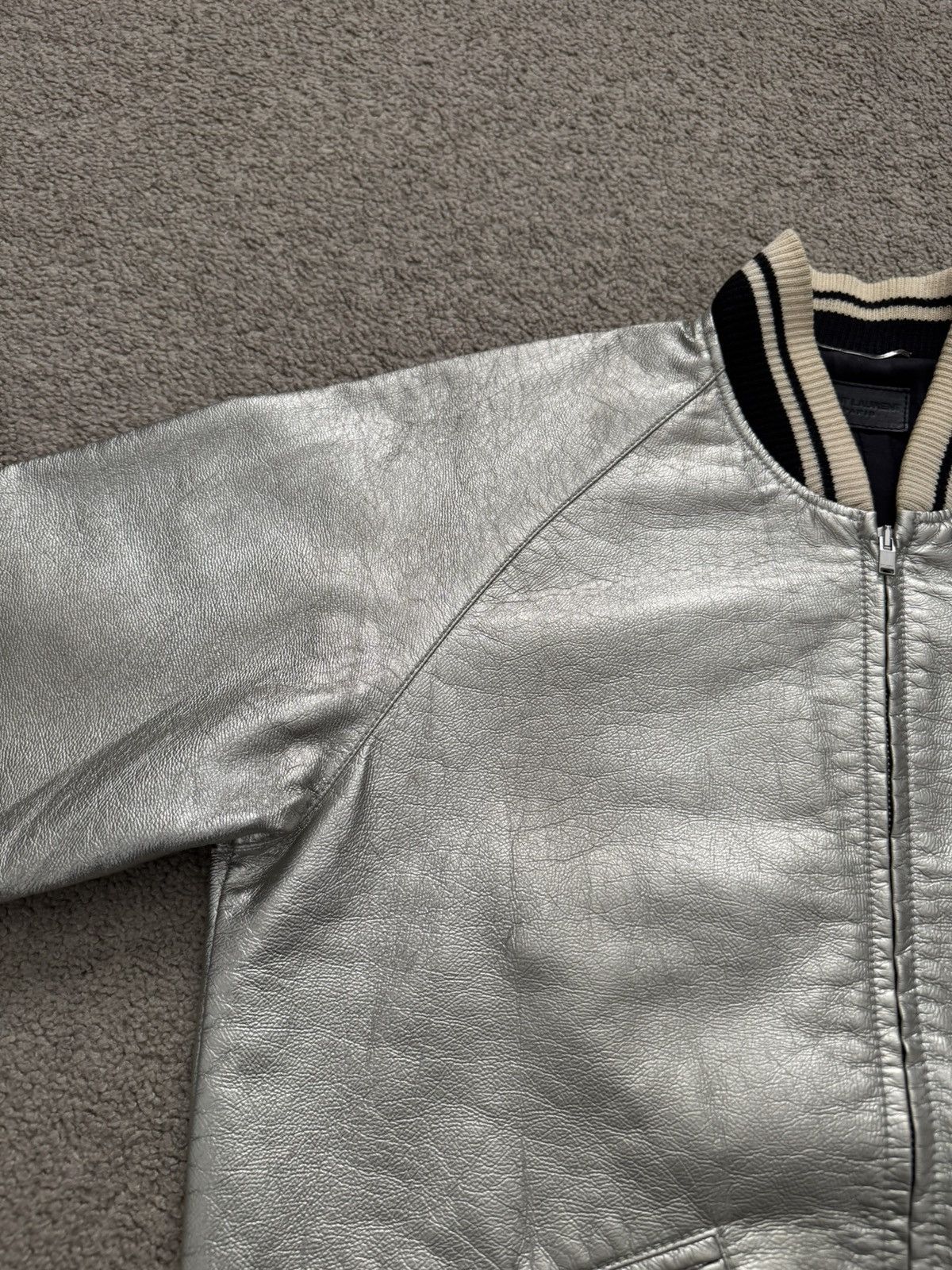 Saint Laurent Paris SS14 Saint Laurent Hedi Slimane Silver Varsity Teddy Jacket Size US S / EU 44-46 / 1 - 18 Thumbnail