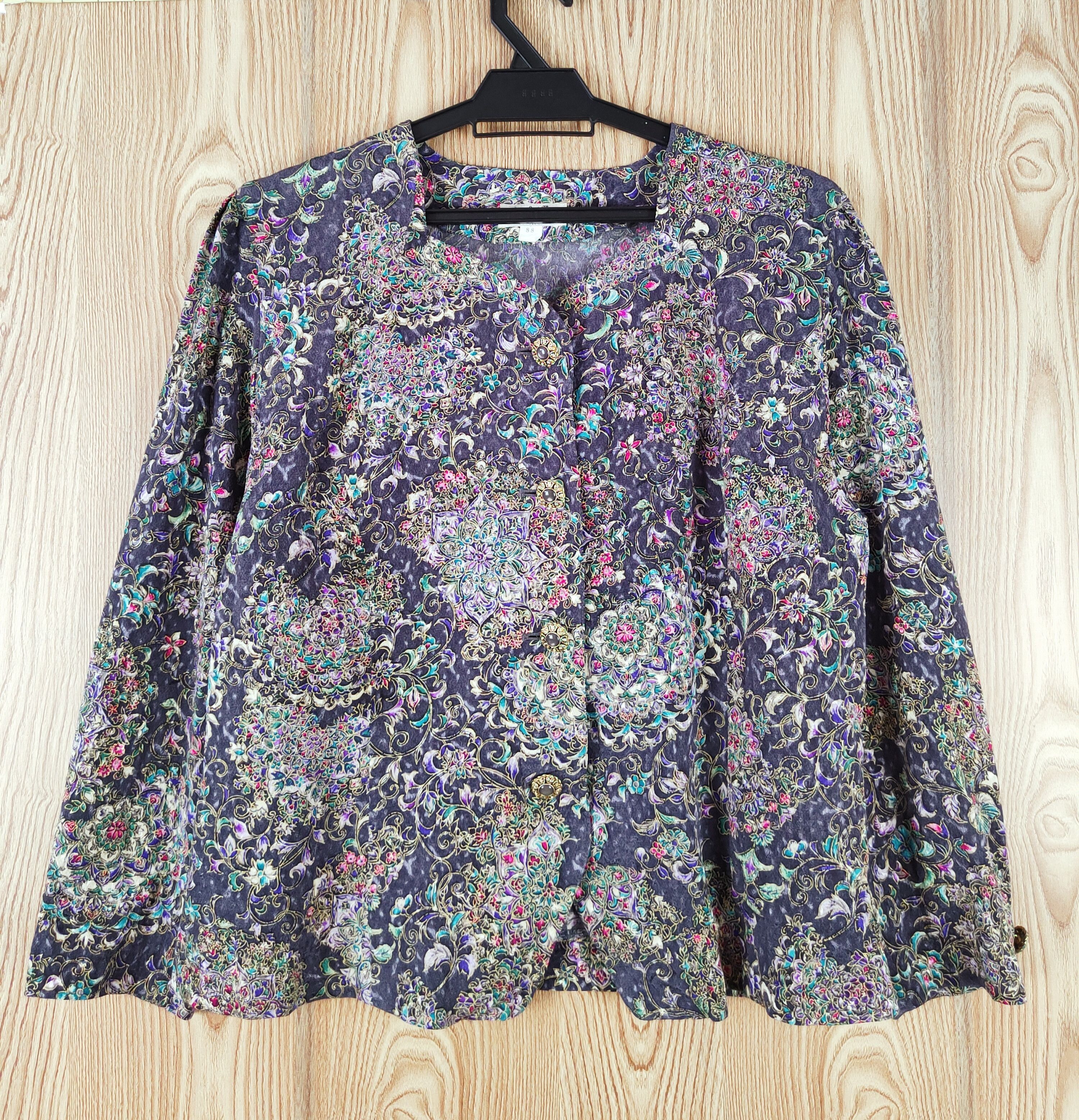 Japanese Brand × Vintage Retro Design 💥 Leaf Madam Dark Gray Flowers Blouses Size M / US 6-8 / IT 42-44 - 1 Thumbnail