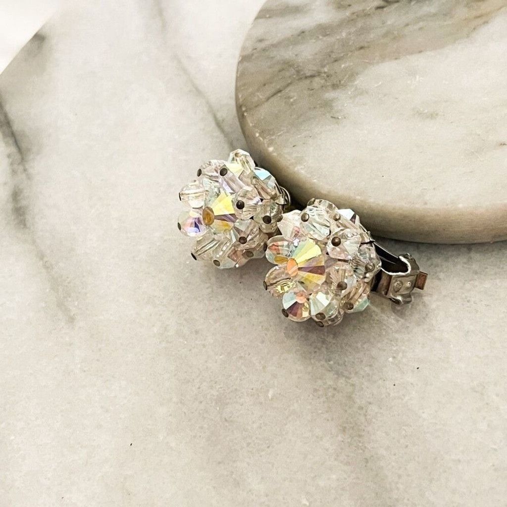 Vintage Vintage Signed Hobe Earrings AB Crystal Faceted Bead Clip On Size ONE SIZE - 2 Thumbnail