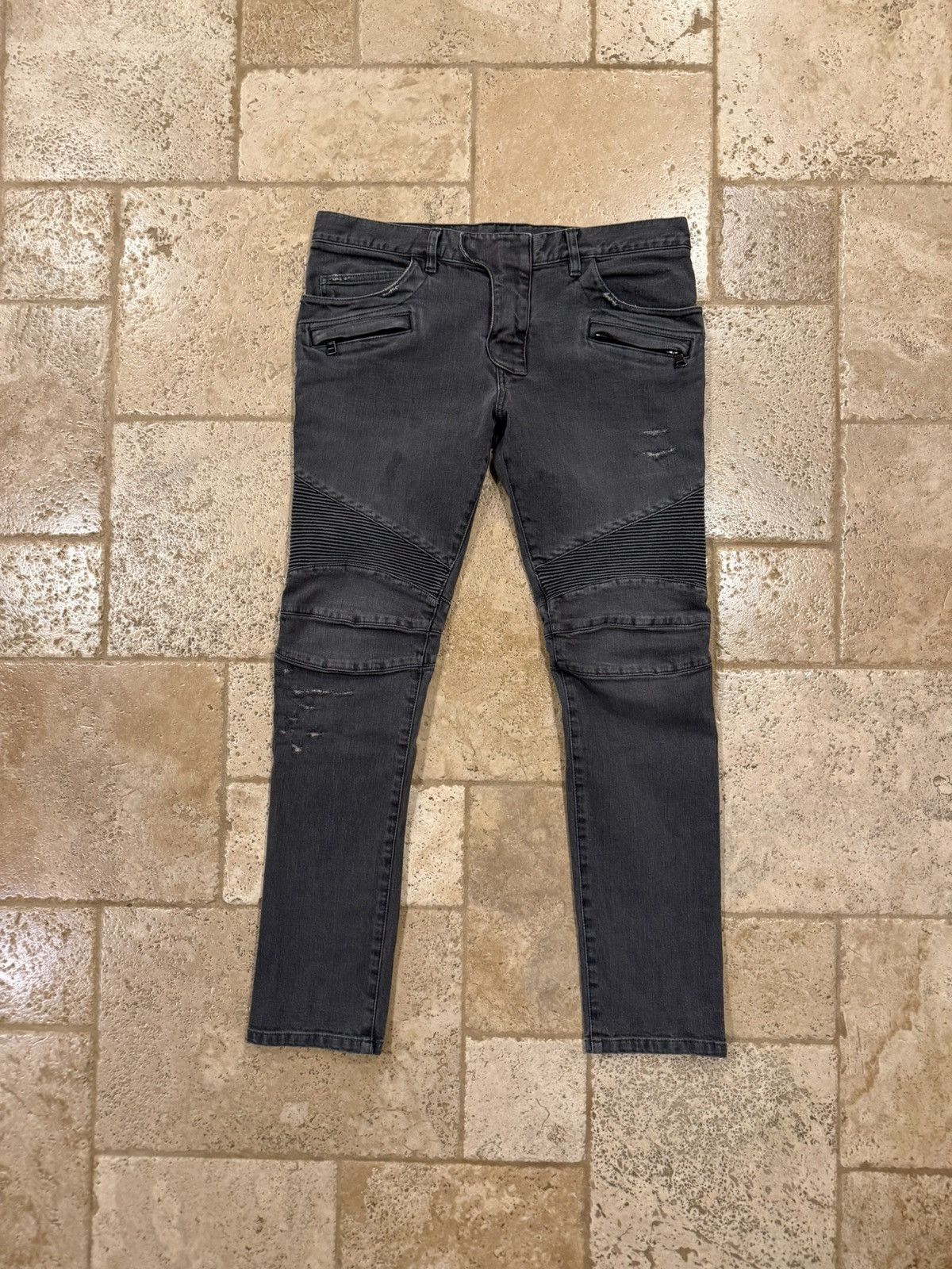 Balmain Balmain Moto Biker Distressed Gray Wash Denim Jeans Size US 35 - 12 Thumbnail