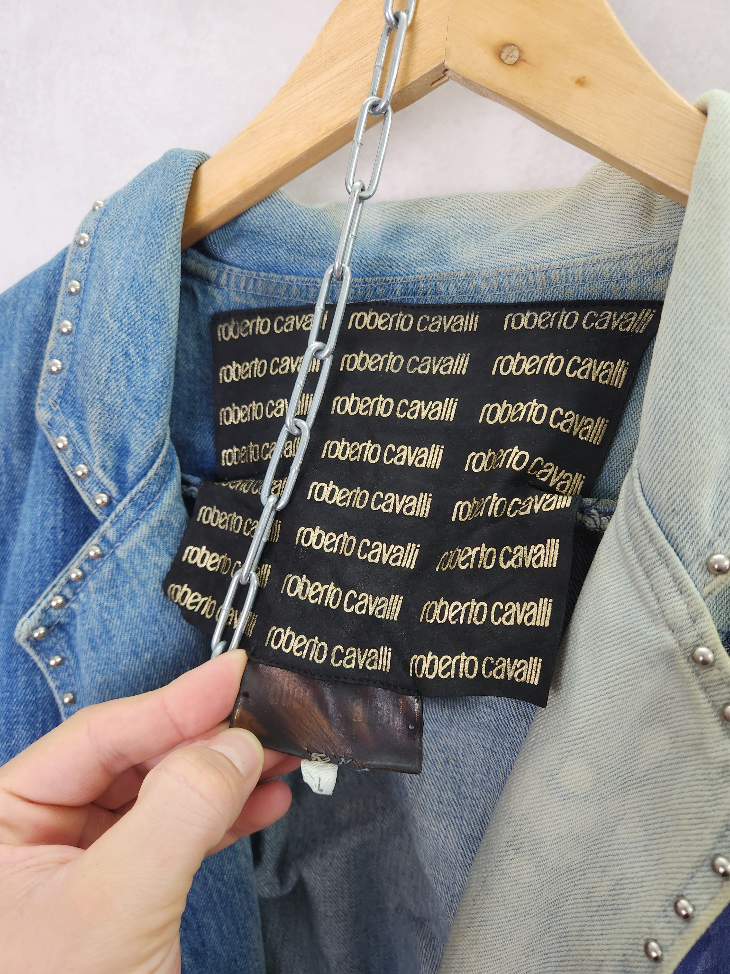 Roberto Cavalli 80s Roberto Cavalli denim jeans jacket leather flowers Size L / US 10 / IT 46 - 14 Thumbnail