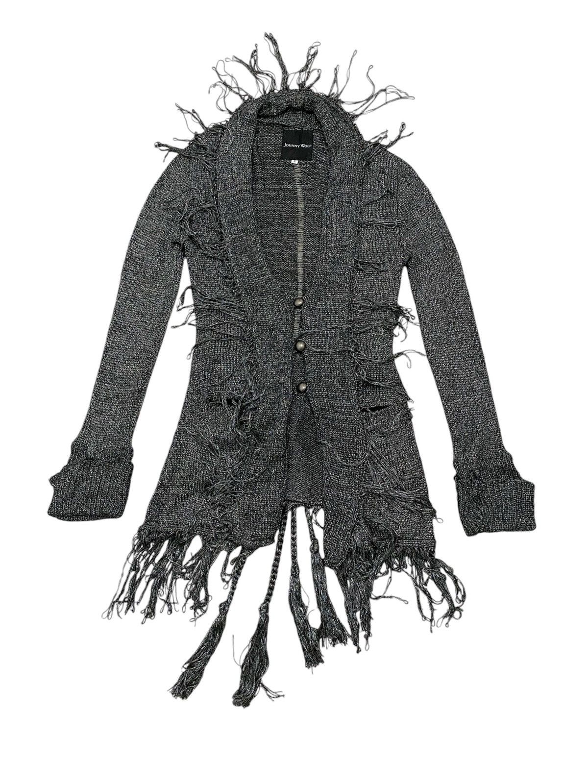 Art Comes First × Japanese Brand Hot!!🔥Johny Wolf Fringe Knitted Ringcoat Jacket Size XS / US 0-2 / IT 36-38 - 2 Thumbnail