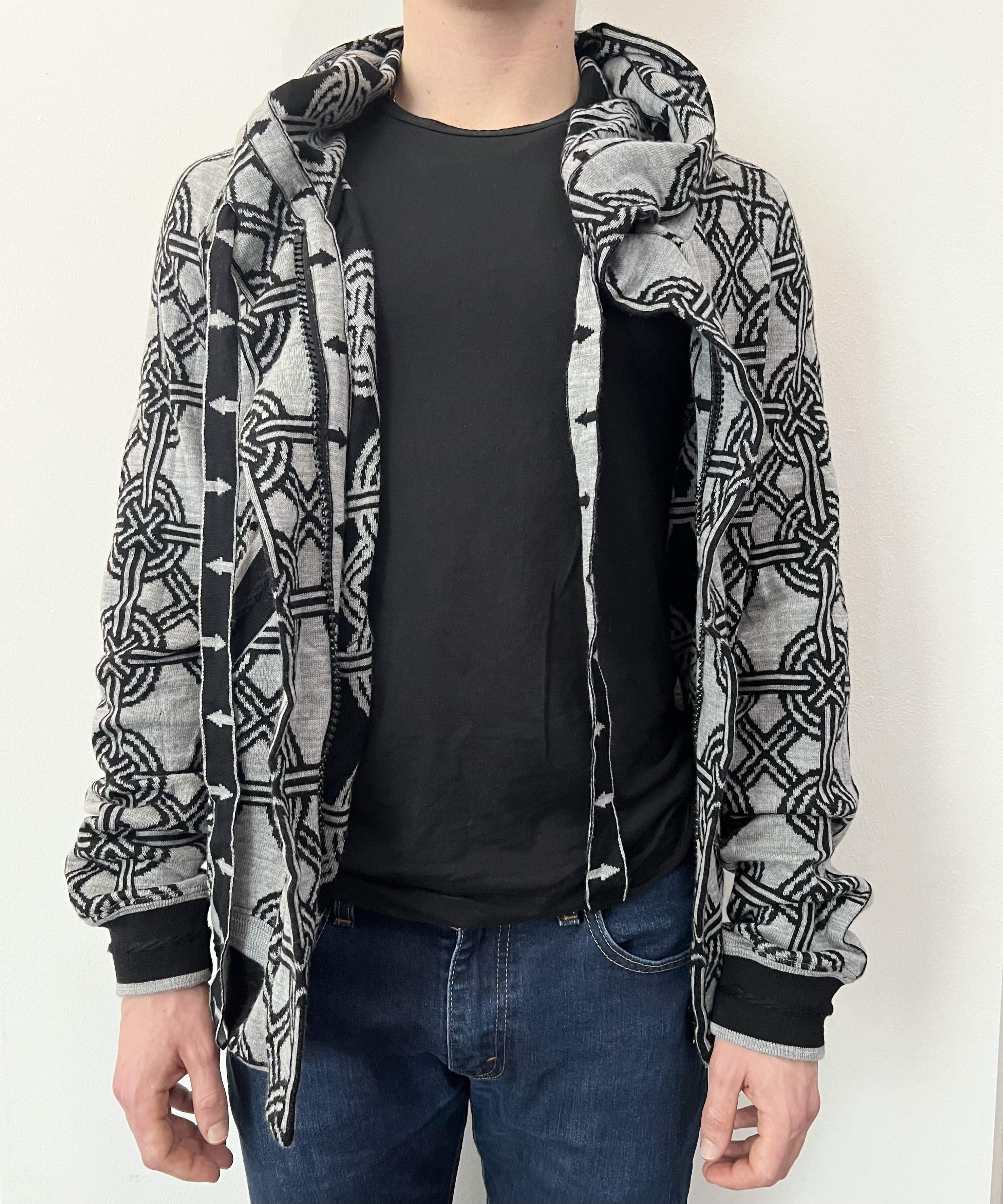 image of Bernhard Willhelm – Graphic Pattern Hoodie – Size M in Light/Grey w/ Black Pattern, Men's