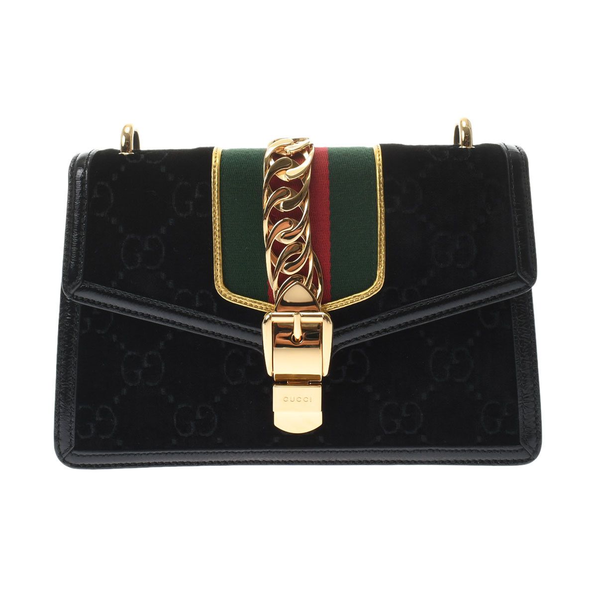 Gucci Sherry Line Sylvie Black Gold Hardware Patent Leather Velour Shoulder Bag