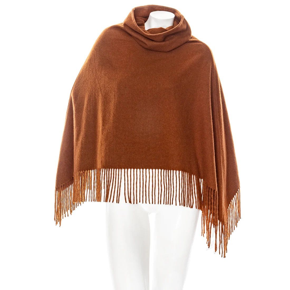 Hermès Brown Cashmere Fringed Cowl-Neck Poncho