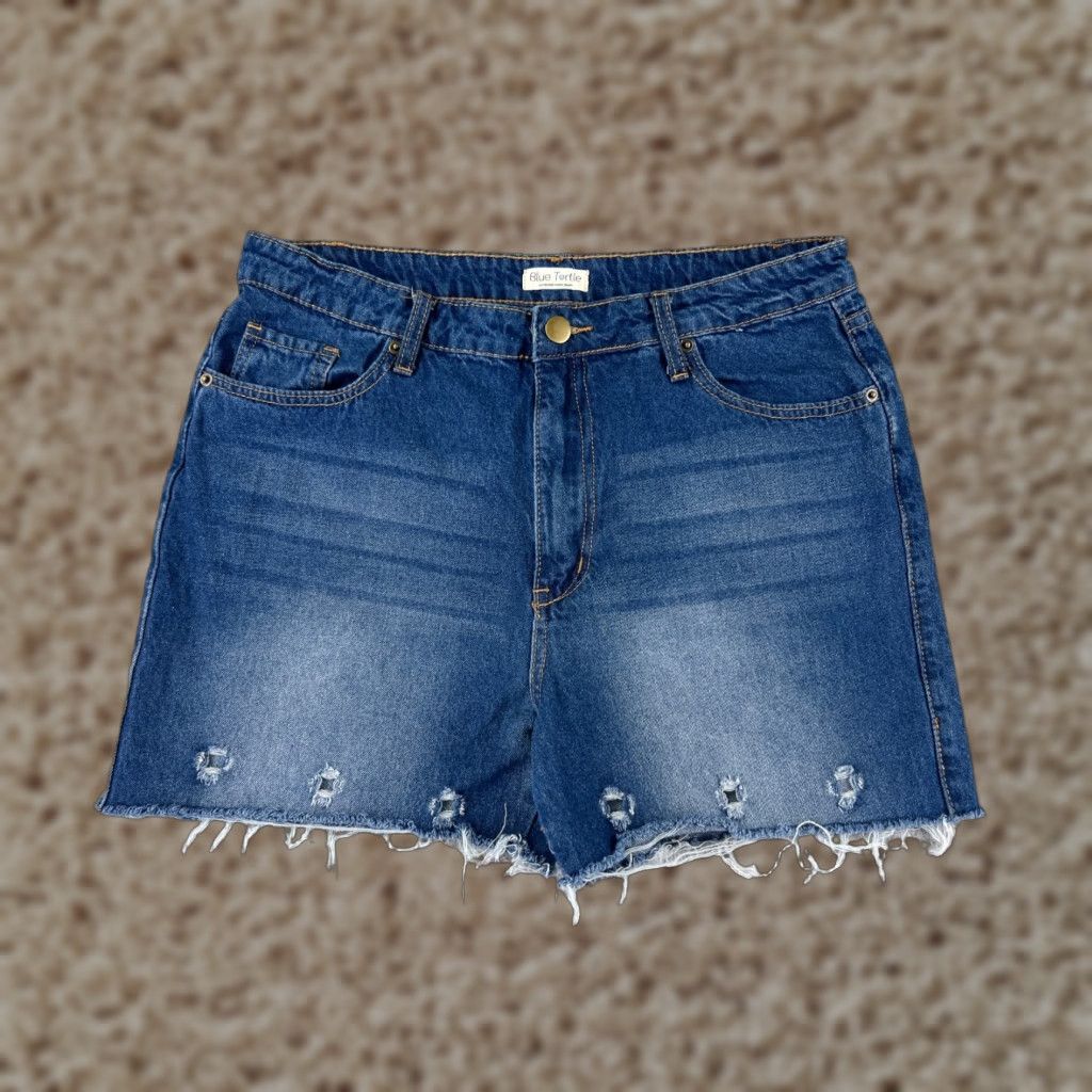 Vintage Blue Turtle Denim Short Womens 32x4 High Rise Cut-Off Button 5-Pocket Blue Shorts Medium Wash Casual Womens Beach 90s? Size 34" / US 12 / IT 48 - 1 Thumbnail
