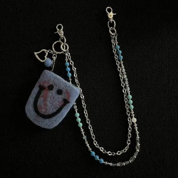Jewelry Blue Beaded Wallet Pants Chain with Felt Smile Pouch Size ONE SIZE - 3 Thumbnail