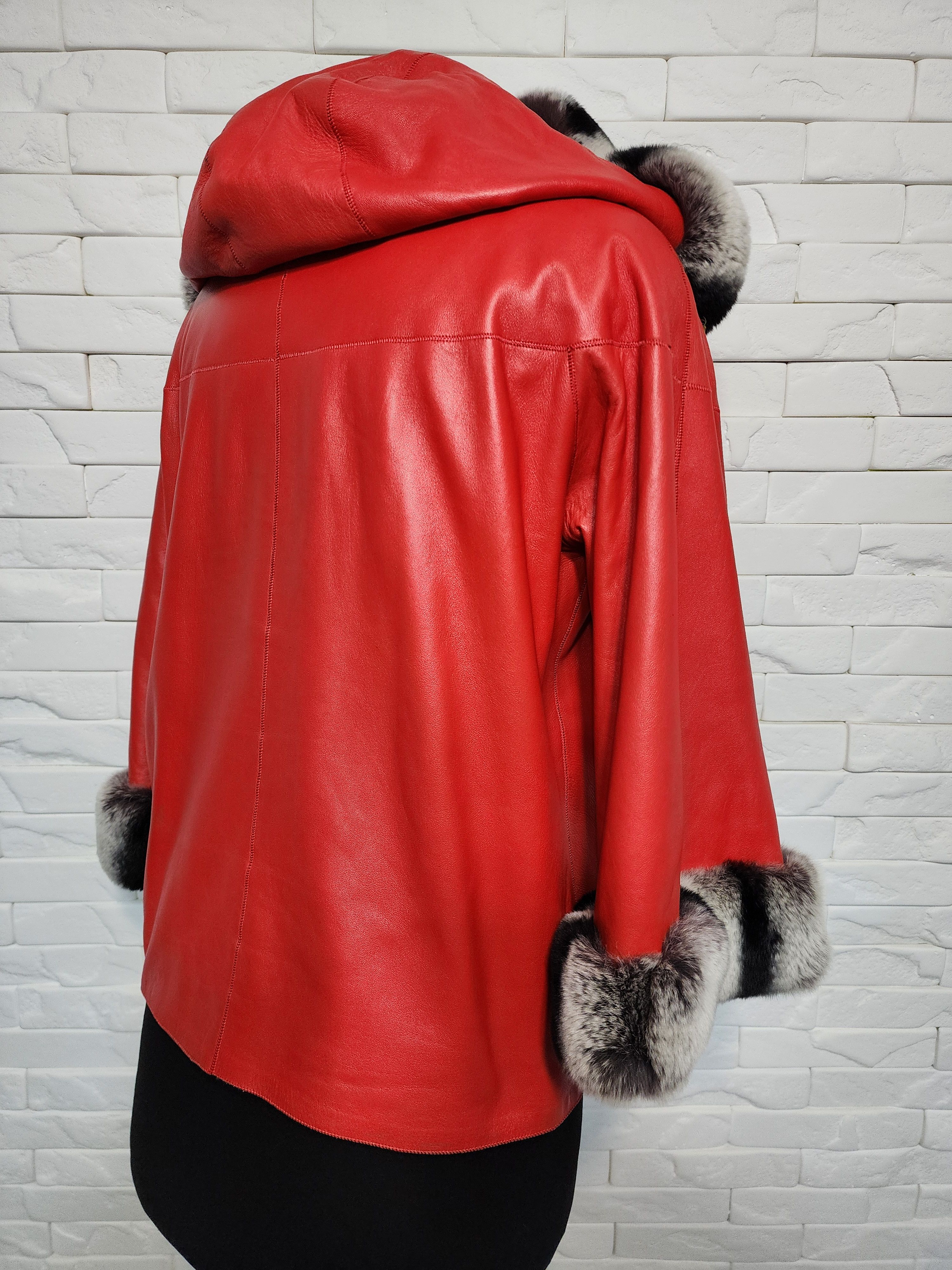 Designer Double-sided women's leather jacket with a hood. Size XL / US 12-14 / IT 48-50 - 5 Thumbnail