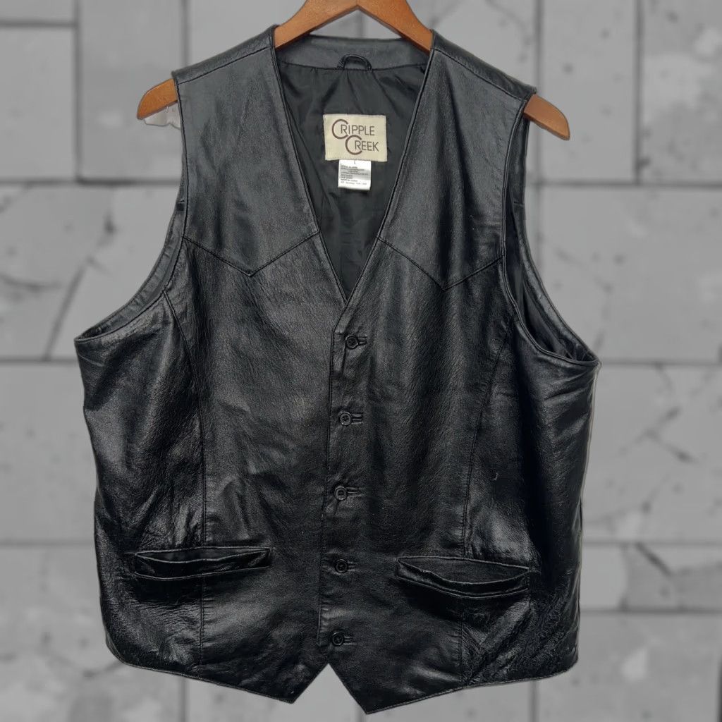 Vintage Cripple Creek Black Leather Button Up Vest Mens Size L Size US L / EU 52-54 / 3 - 1 Thumbnail