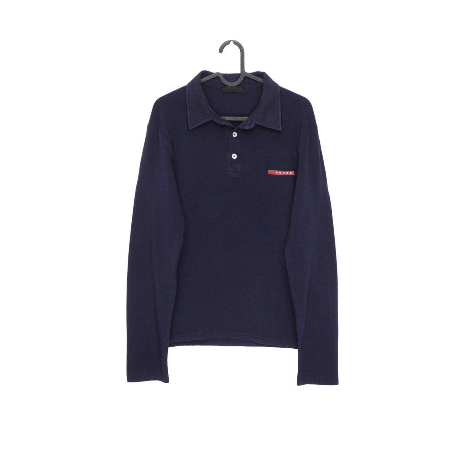 image of Prada 2013 Red Tab Logo Navy Blue Long Sleeve Polo Shirt, Men's (Size XL)