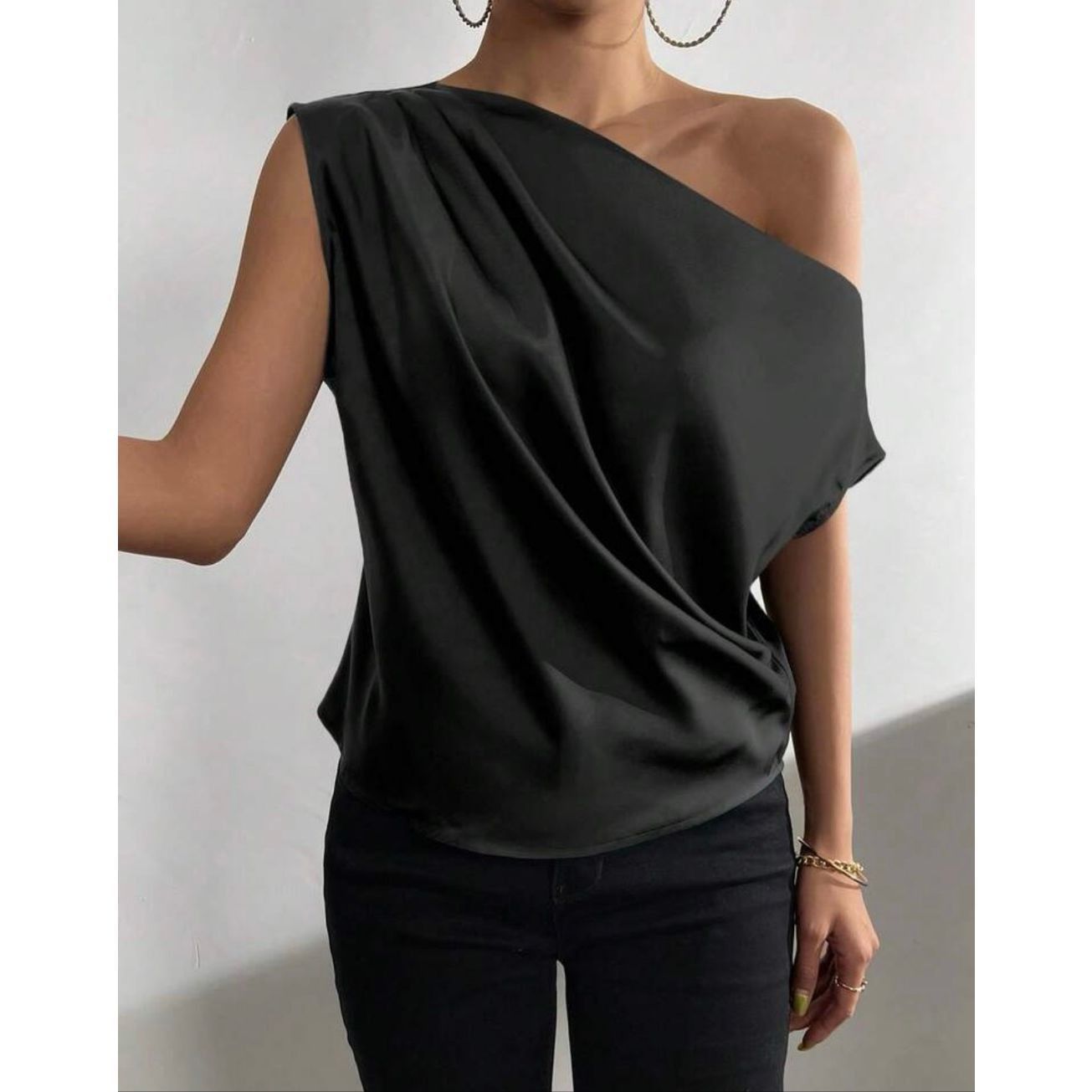 Shein SHEIN satin Solid Asymmetrical Neck Batwing Sleeve Satin Blo Size L / US 10 / IT 46 - 5 Thumbnail