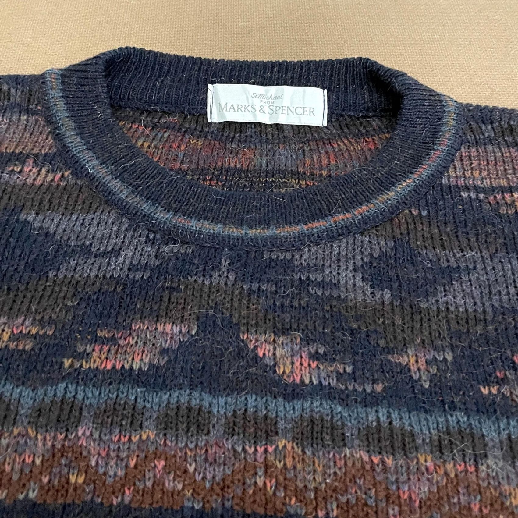 Marks & Spencer VINTAGE St Michael from Marks & Spencer Sweater Mens Large Navy Multi Knit Crew Neck 90s M&S UK Makers" Size US L / EU 52-54 / 3 - 2 Thumbnail