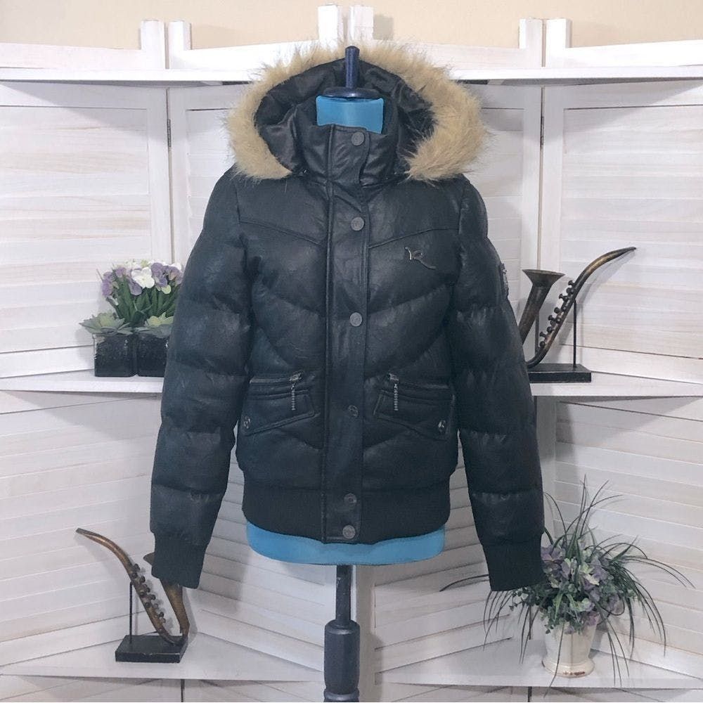 Rocawear Rocawear leather faux fur black puffer warm bomber jacket M Grailed