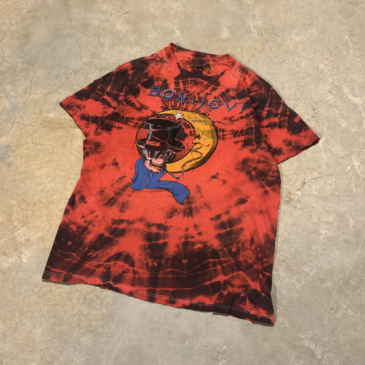 Band Tees × Vintage Vintage 1980s Bon Jovi Smoking Skull Distressed Tie Dye Tee Size US M / EU 48-50 / 2 - 2 Thumbnail