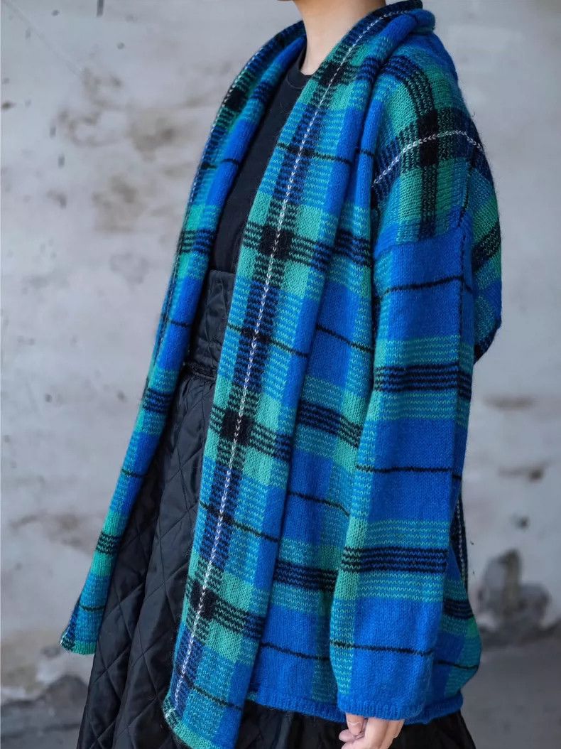 Kenzo KENZO Blue and green checkered horsehair scarf collar coat Size M / US 6-8 / IT 42-44 - 6 Thumbnail