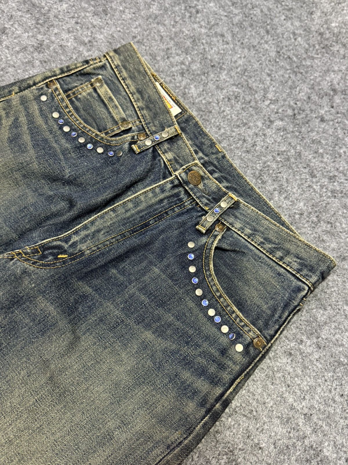 Big John × Edwin × Japanese Brand 90s Big John Studded Gemstone Tribal Flame Mud Wash Jeans Size US 30 / EU 46 - 4 Thumbnail
