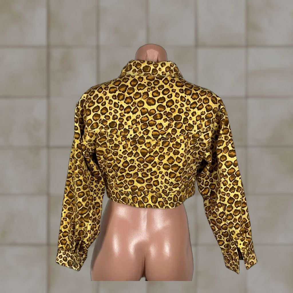 VINTAGE Leopard Animal Print Denim Jacket K2 International Womens Short M Multicolor Cropped Denim Jacket Zip