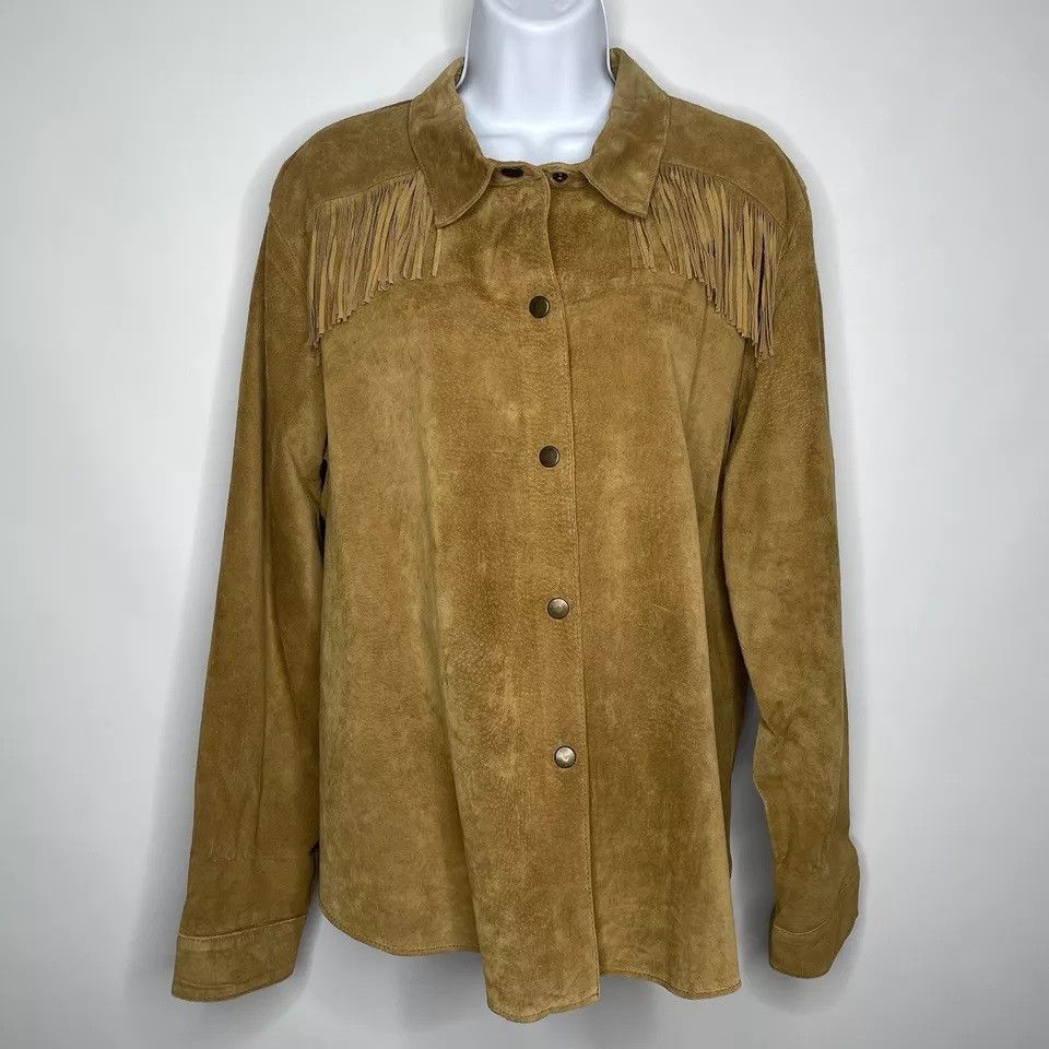 image of Vintage 70's Golden Brown Fringe Chamois Leather Snap Front Shirt, Women's (Size Large)