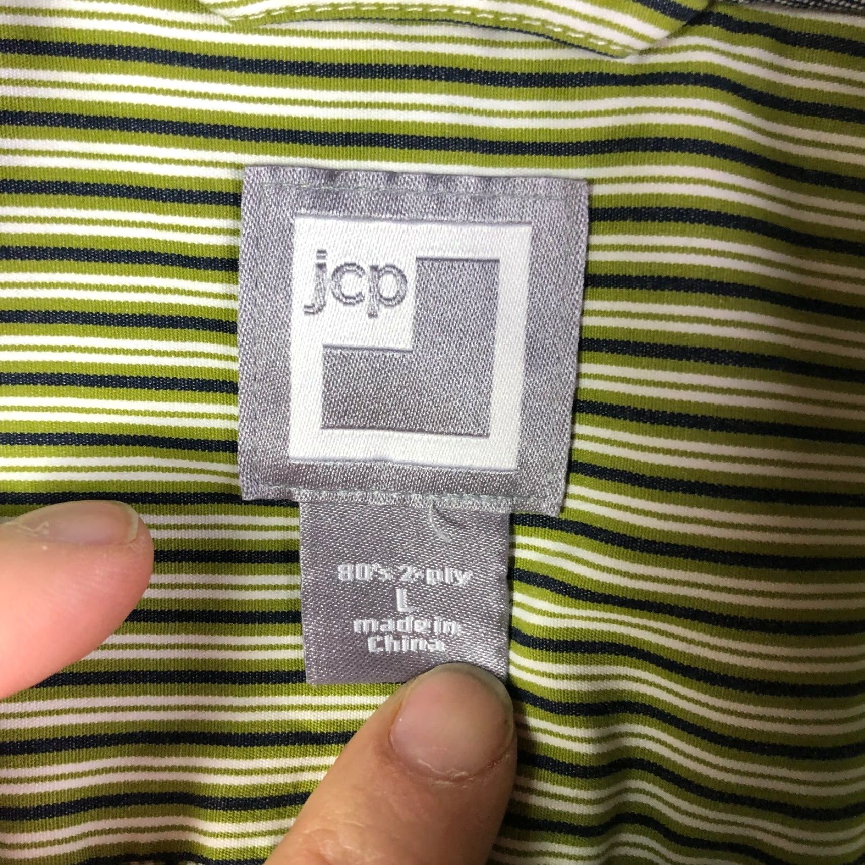 Vintage JCP 80's 2Ply Mens Large Green Striped Long Sleeve Button Down Collar Shirt Size US L / EU 52-54 / 3 - 6 Thumbnail