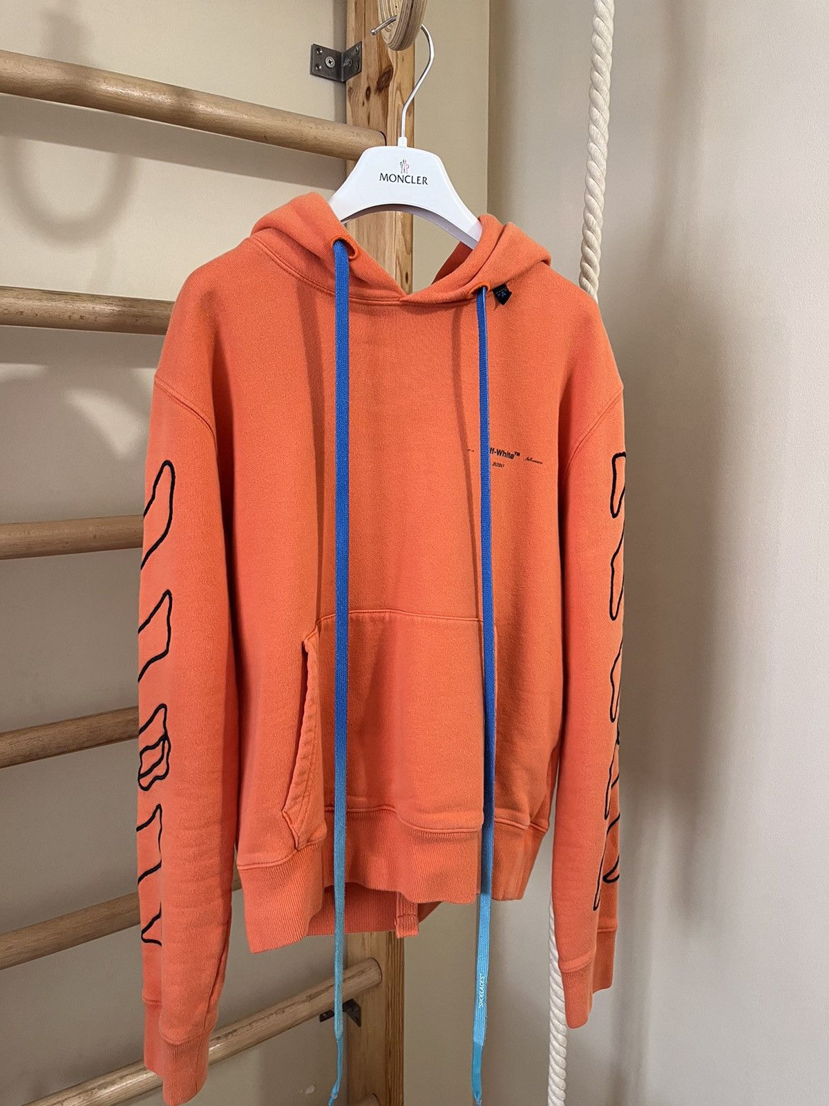 image of Off White Orange Hoodie Big Back Logo Arrows Blue Laces, Women's (Size 2XS)