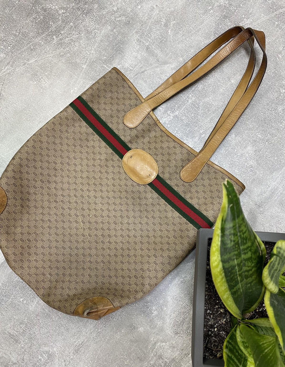 image of Vintage 70's Gucci Monogram Sherryline Tote Bag in Brown, Men's