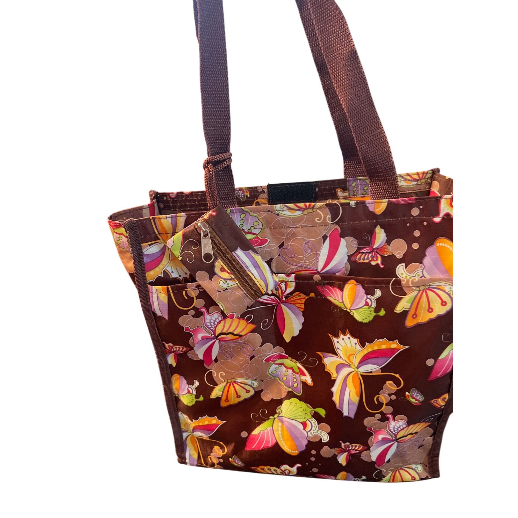 Other Butterfly Print Brown Tote Bag Zip Top Easy Wipe Clean Lunch Size ONE SIZE - 1 Thumbnail