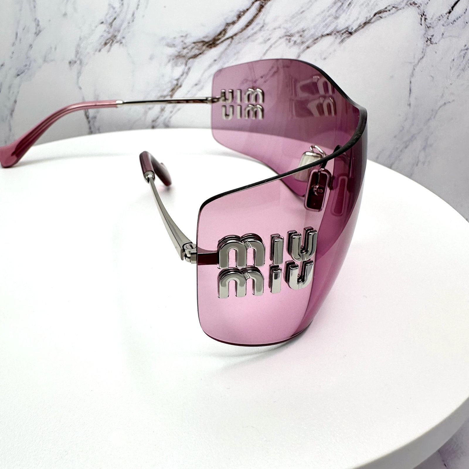 Miu Miu New MIU MIU Sunglasses Silver Pink Mirror Rimless Wrap Size ONE SIZE - 13 Thumbnail