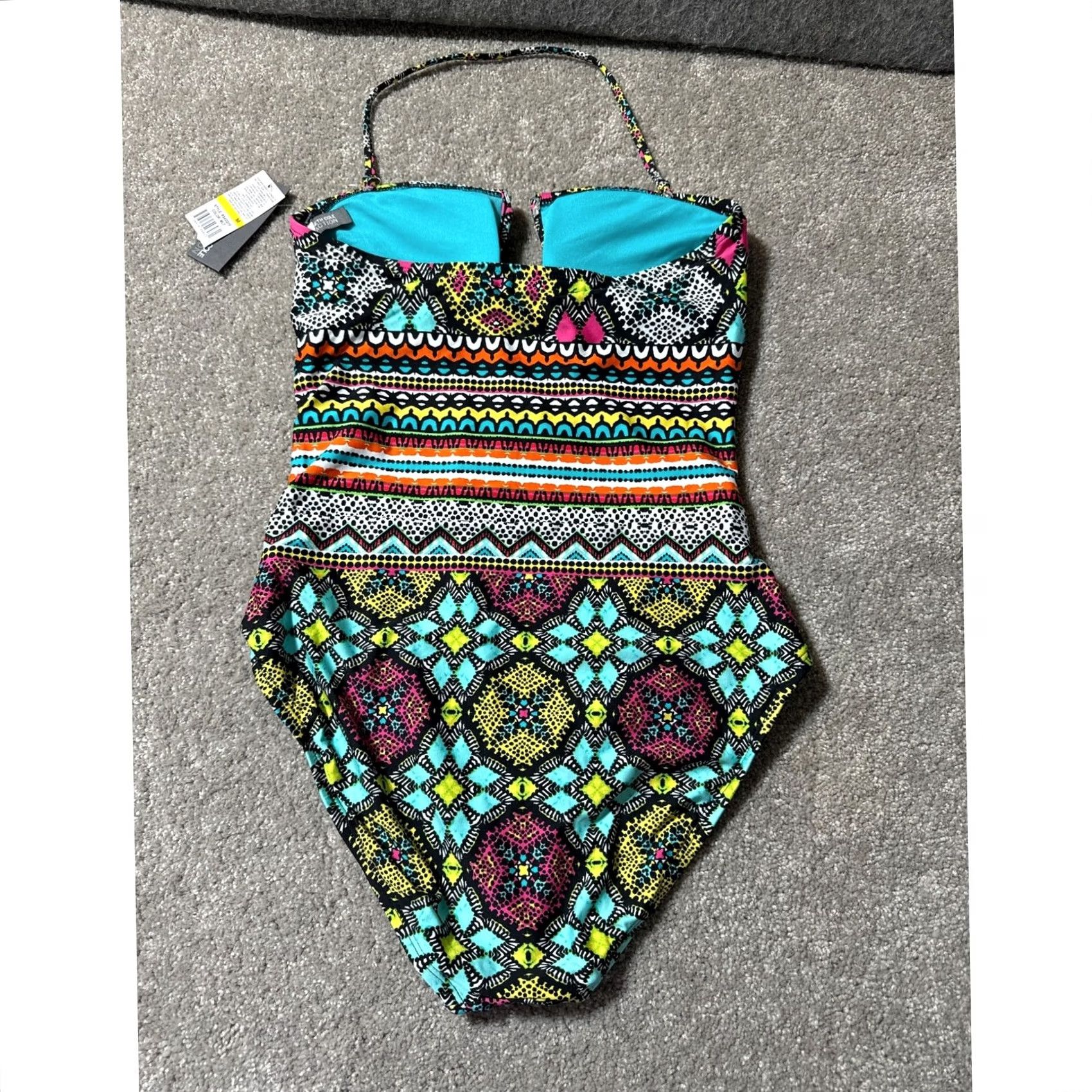 Kenneth Cole Kenneth Cole REACTION One Piece Swimsuit M Festival Boho Chic Indie Sleaze Beach Hallter Removable Pads Geometric Multicolor Women M Size ONE SIZE - 7 Thumbnail