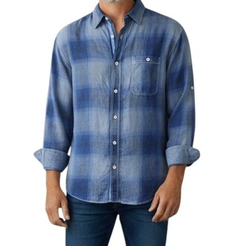 BUGATCHI Bugatchi Uomo Linen Shirt L Shaped Fit Ombre Plaid Roll tab Size US L / EU 52-54 / 3 - 1 Thumbnail