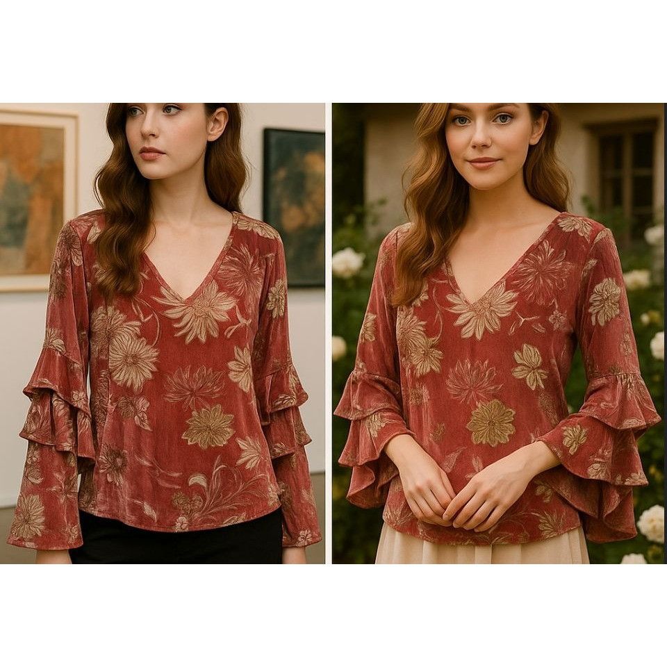 Miss Me Miss Me Womens Floral Velvet Ruffle Sleeve Top S Cottagecore Size S / US 4 / IT 40 - 1 Thumbnail