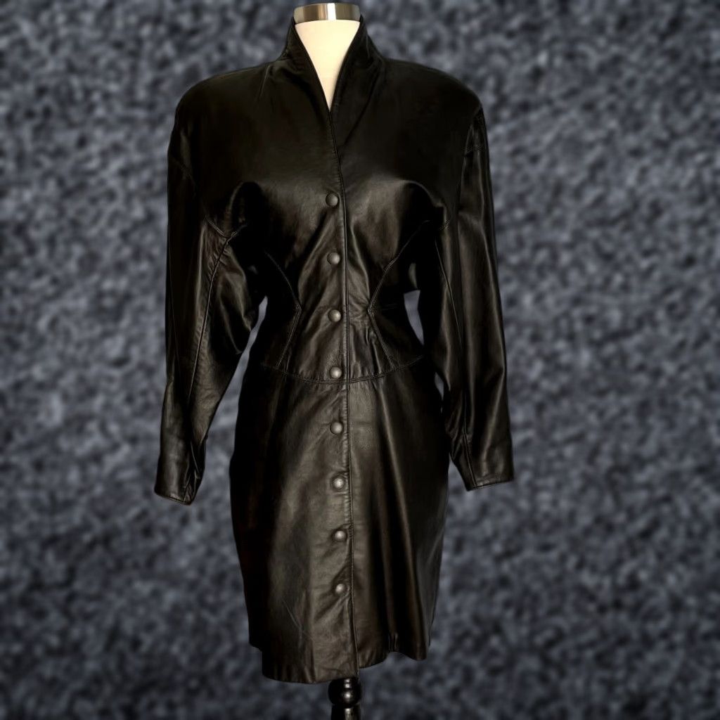 Vintage VINTAGE Michael Hoban Leather Dress Front Snaps Wiggle/Pencil XS/S Black 1980s Glam Rock Womens Size XS / US 0-2 / IT 36-38 - 1 Thumbnail