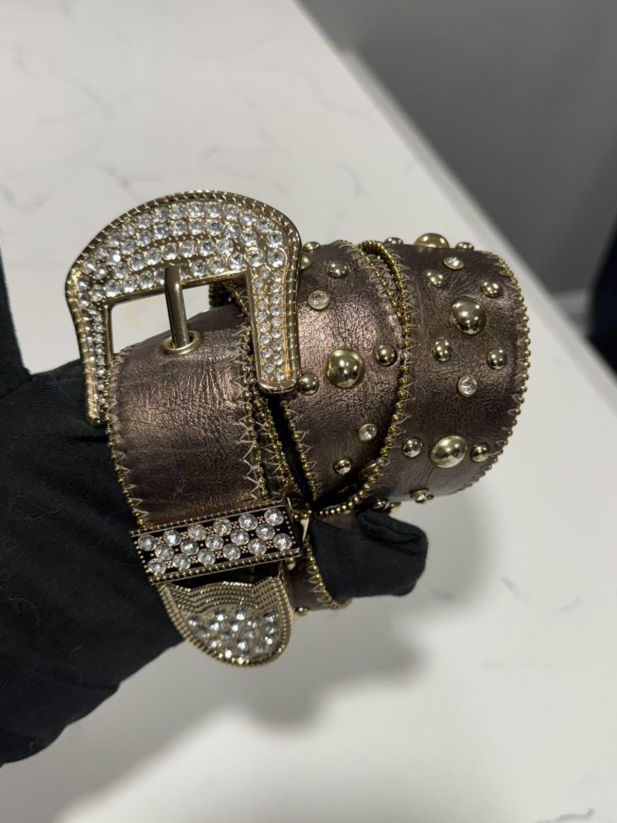 Vintage Vintage Kathy Van Zealand Rhinestone Cowboy Y2K Belt Size 32 - 5 Thumbnail