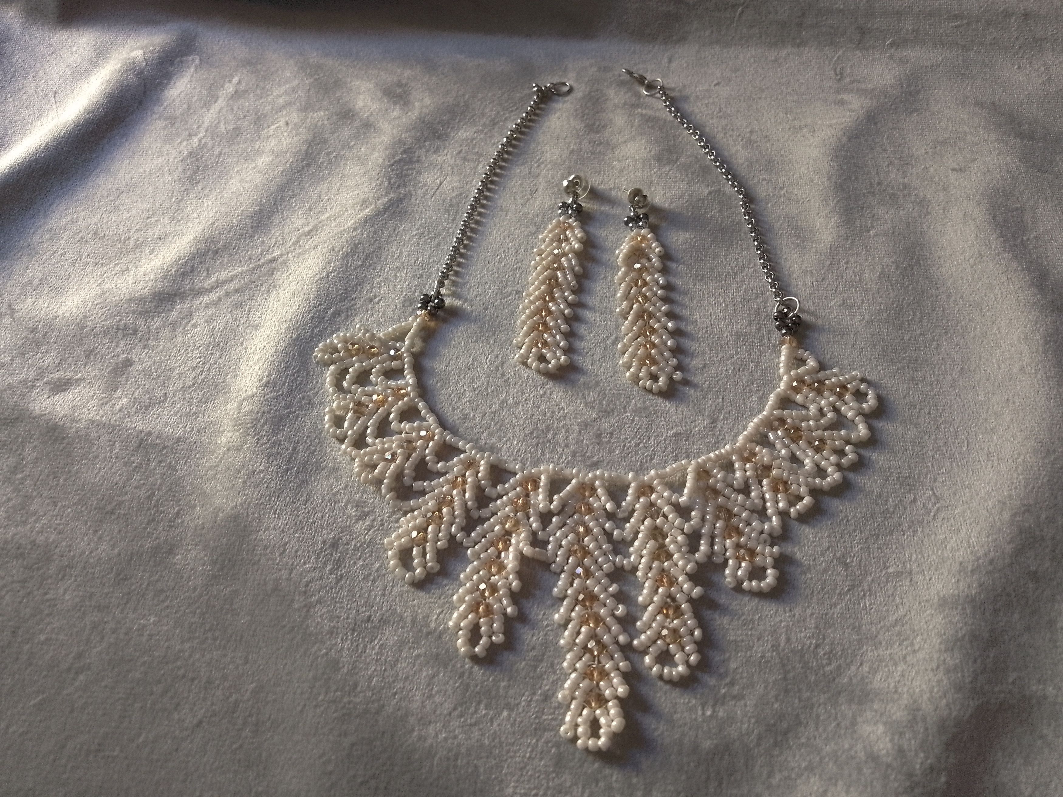Handmade Necklace Ivory Elegant Wedding Embroidered Crystals Earrings Size ONE SIZE - 5 Thumbnail