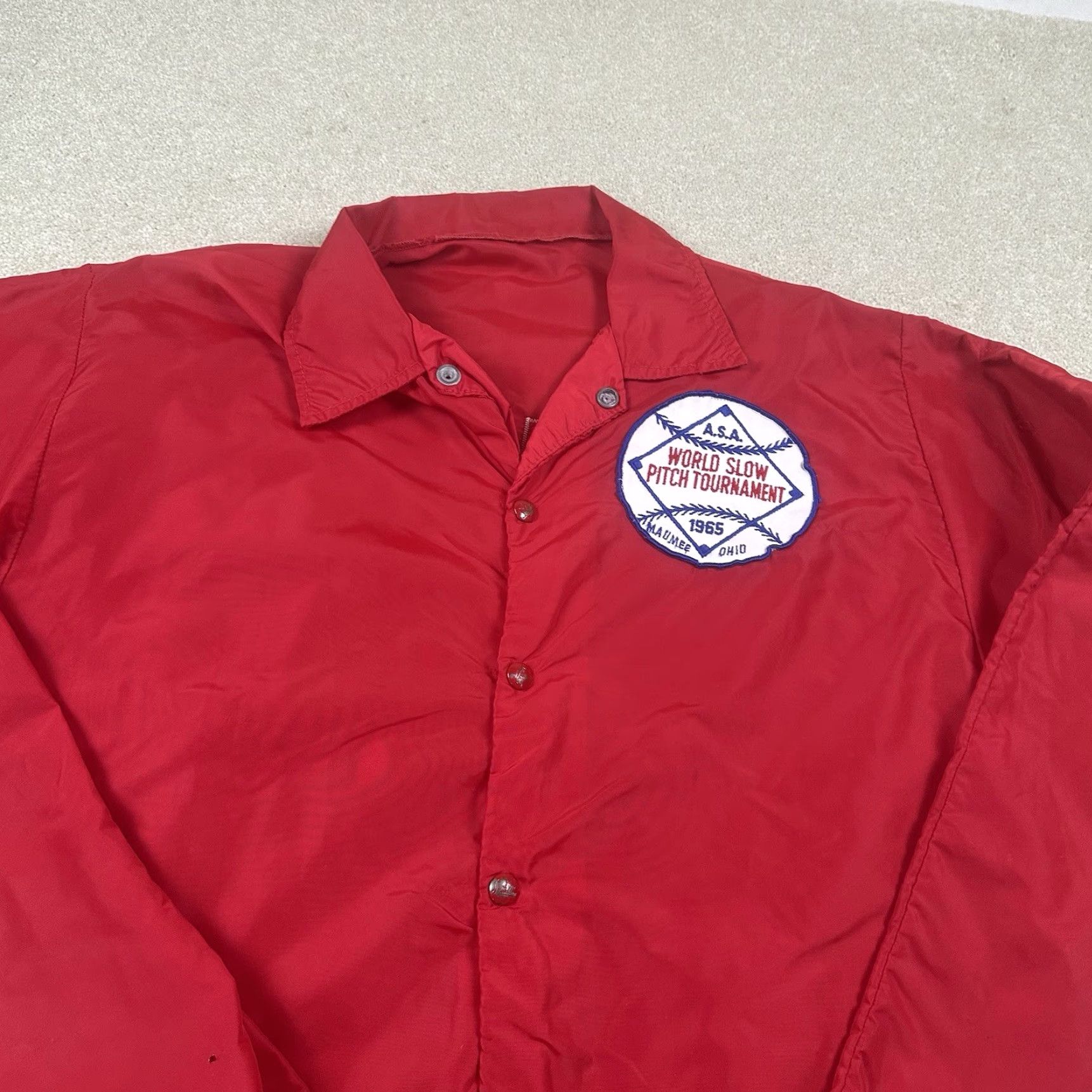 Vintage VINTAGE 60s Windbreaker Jacket Mens Large Red 1965 World Slow Pitch Double Sided Size US L / EU 52-54 / 3 - 5 Thumbnail