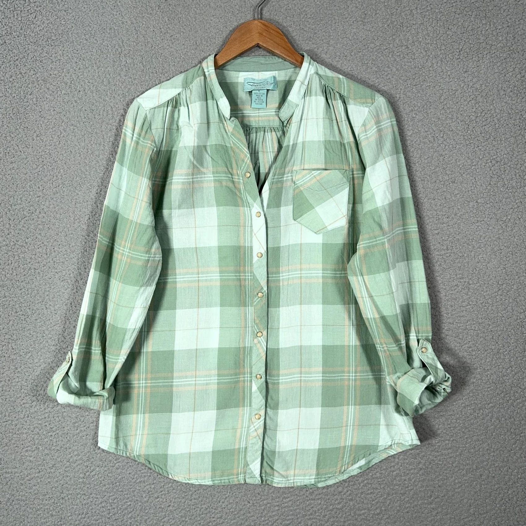 Vintage Tasha Polizzi Collection Pearl Snap Top Womens L Green Plaid Roll Tab Sleeve Western Shirt Size L / US 10 / IT 46 - 6 Thumbnail