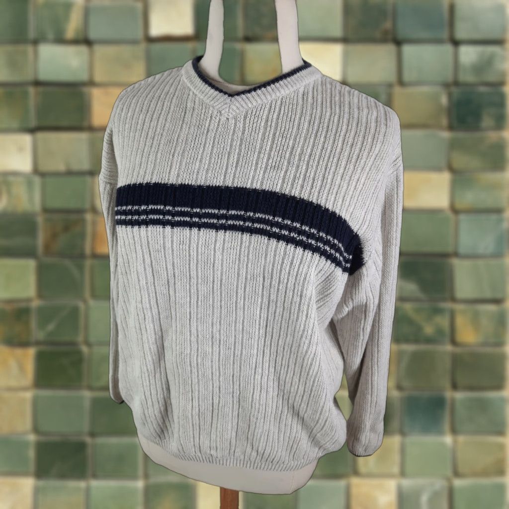Vintage VINTAGE 90s Y2K Sonoma Womens XL V neck Striped Sweater Beige Blue Oversized Pullover Knit Shirt Women Size XL / US 12-14 / IT 48-50 - 1 Thumbnail