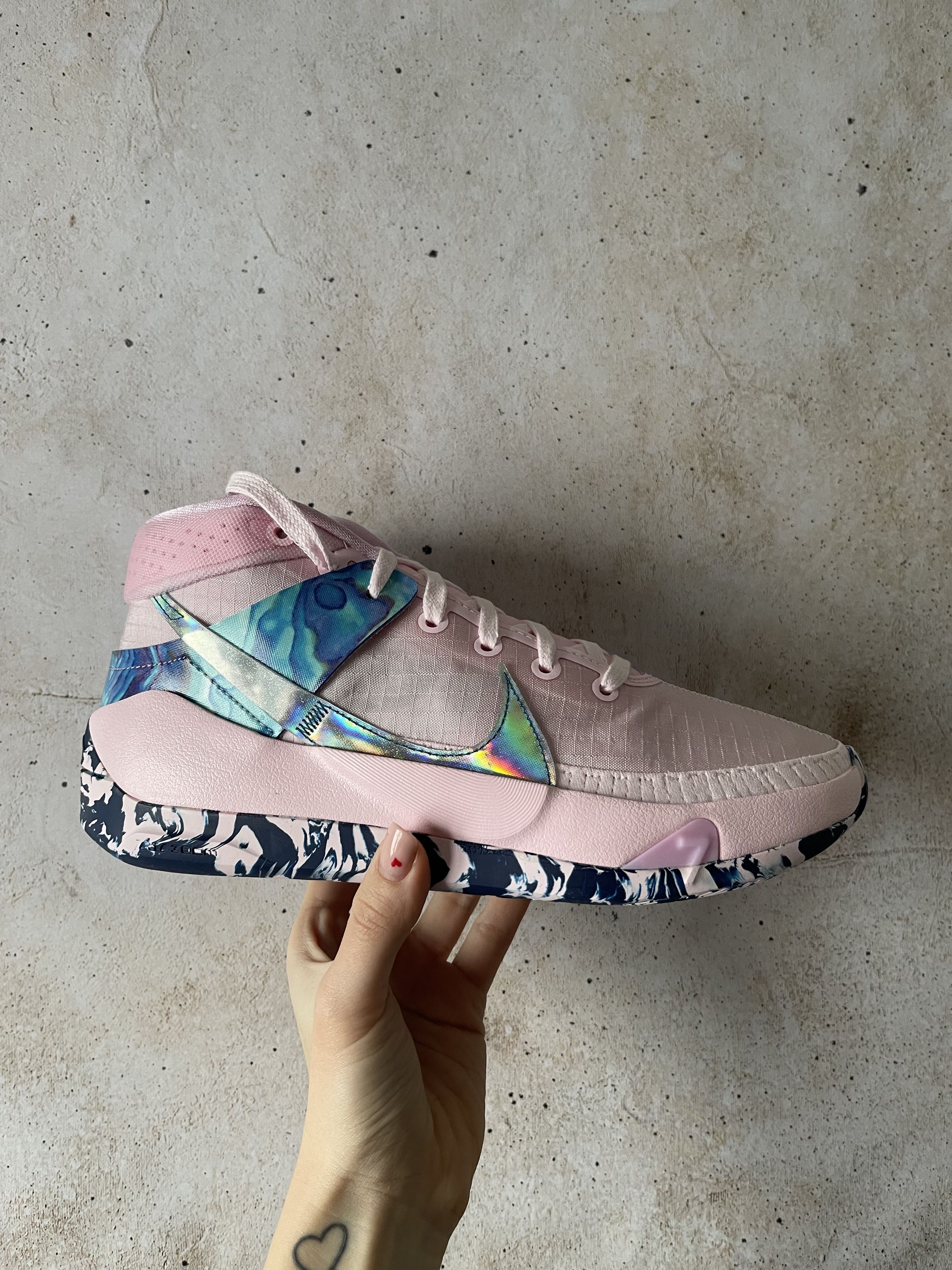 image of Nike Kd 13 Aunt Pearl Shoes in Pink Foam/Light Arctic Pink/Blue Void, Men's (Size 7)