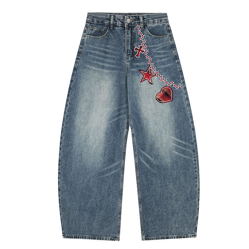 Vintage Retro heart-shaped embroidered curved jeans for men Size US 32 / EU 48 - 1 Thumbnail