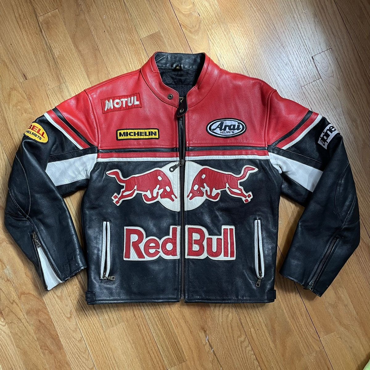 image of Leather Jacket x Red Bull VTG Red Bull Leather Moto Grand Prix Race Jacket in Black/Red (Size Large