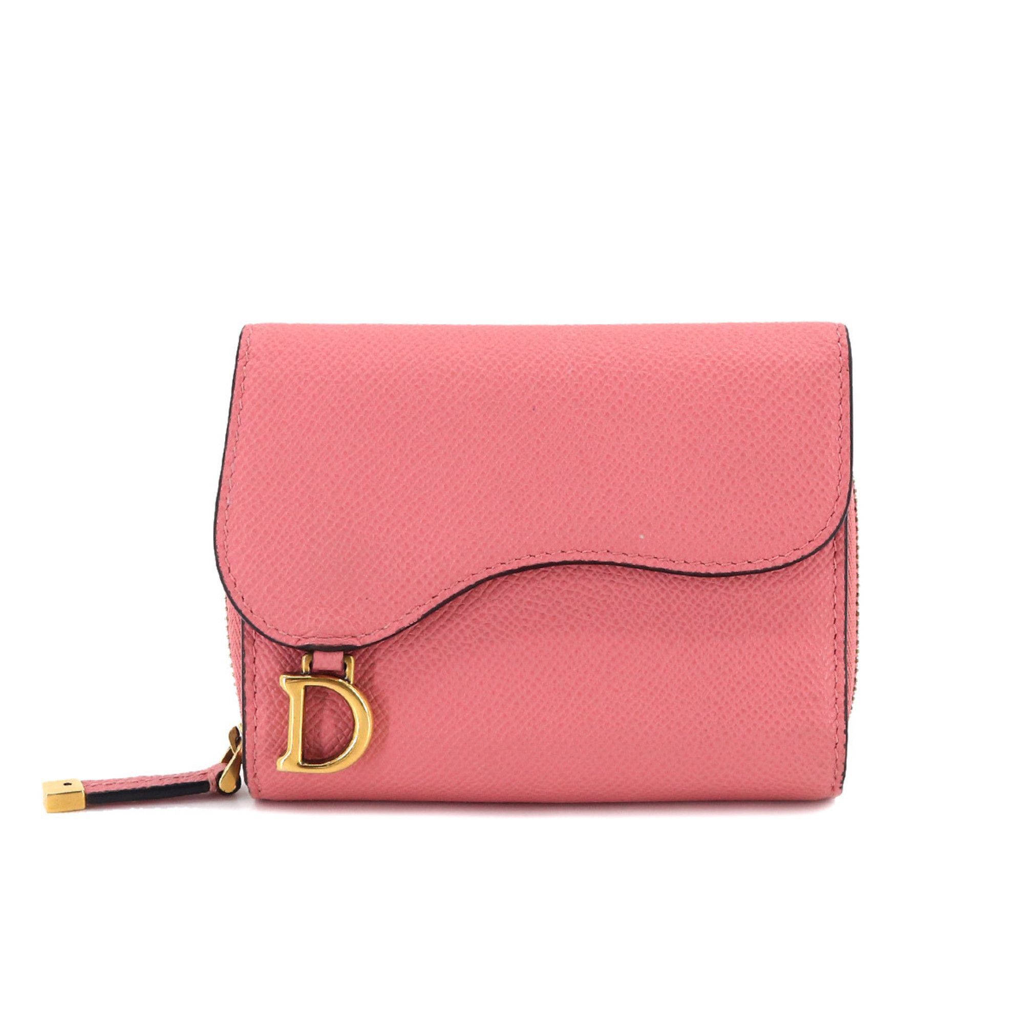 Dior Christian Dior Saddle Lotus Compact Wallet Trifold Leather Pink