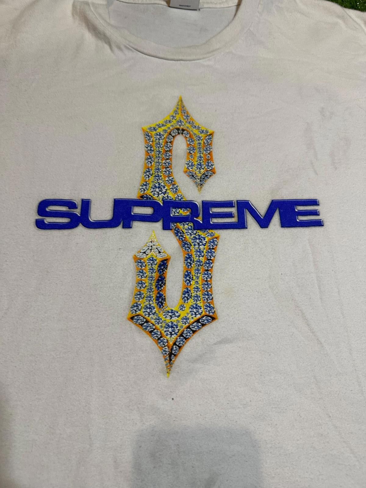 Supreme Supreme White Graphic T-Shirt with Blue and Yellow Diamonds Size ONE SIZE - 3 Thumbnail