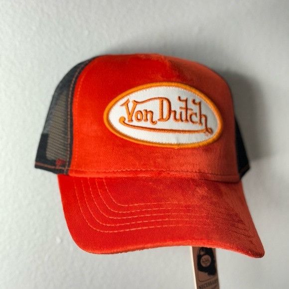 Designer × Von Dutch NWT VON DUTCH ORANGE VELVET BLACK TRUCKER HAT CAP Size ONE SIZE - 5 Thumbnail