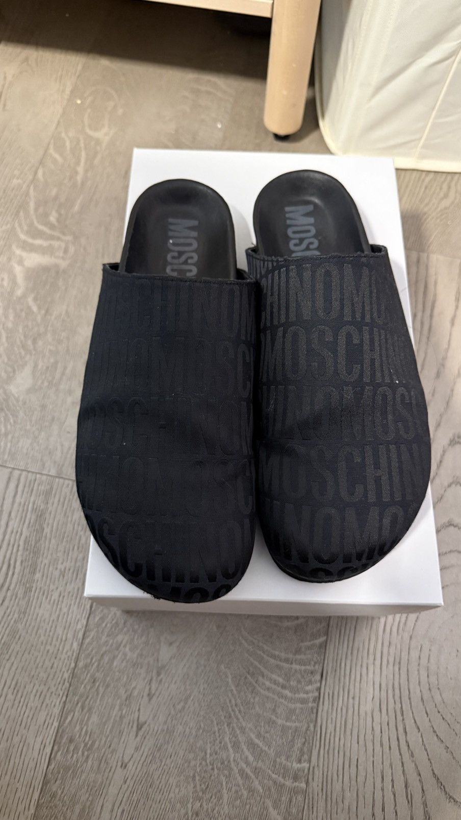 Moschino Black All-Over Logo Mules Loafers Size US 12 / EU 45 - 1 Thumbnail