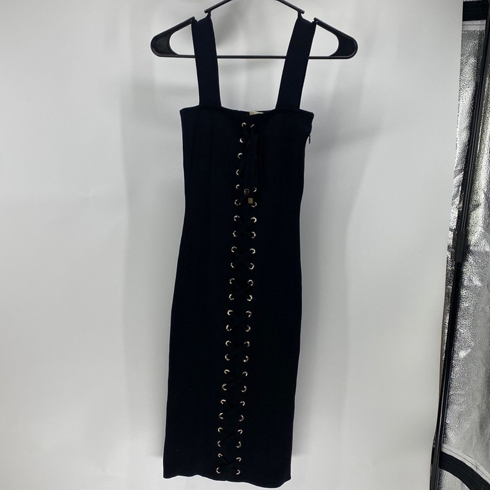 Michael Kors mini ribbed gold accent lace up front black