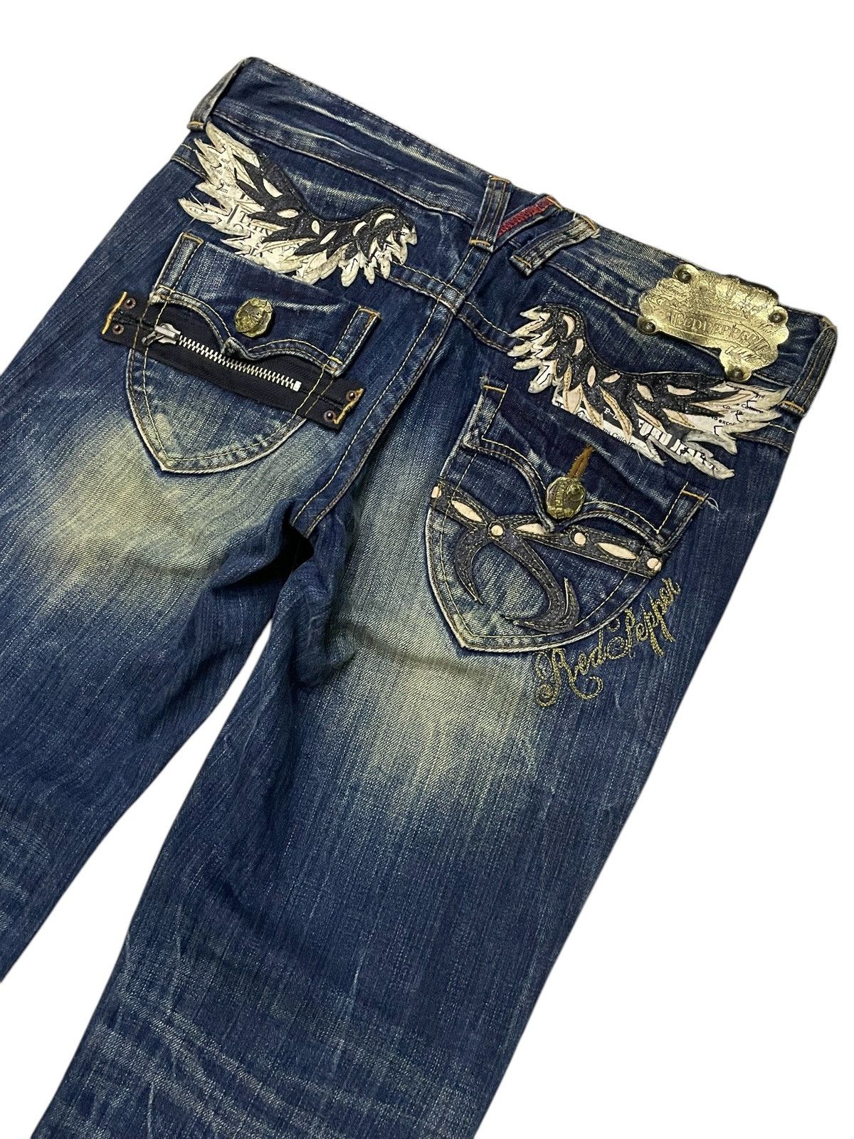 Japanese Brand × LOWBOX × semanticdesign Red Pepper Japan Leather Feather Wings Mud Wash Flare Jeans Size US 30 / EU 46 - 4 Thumbnail