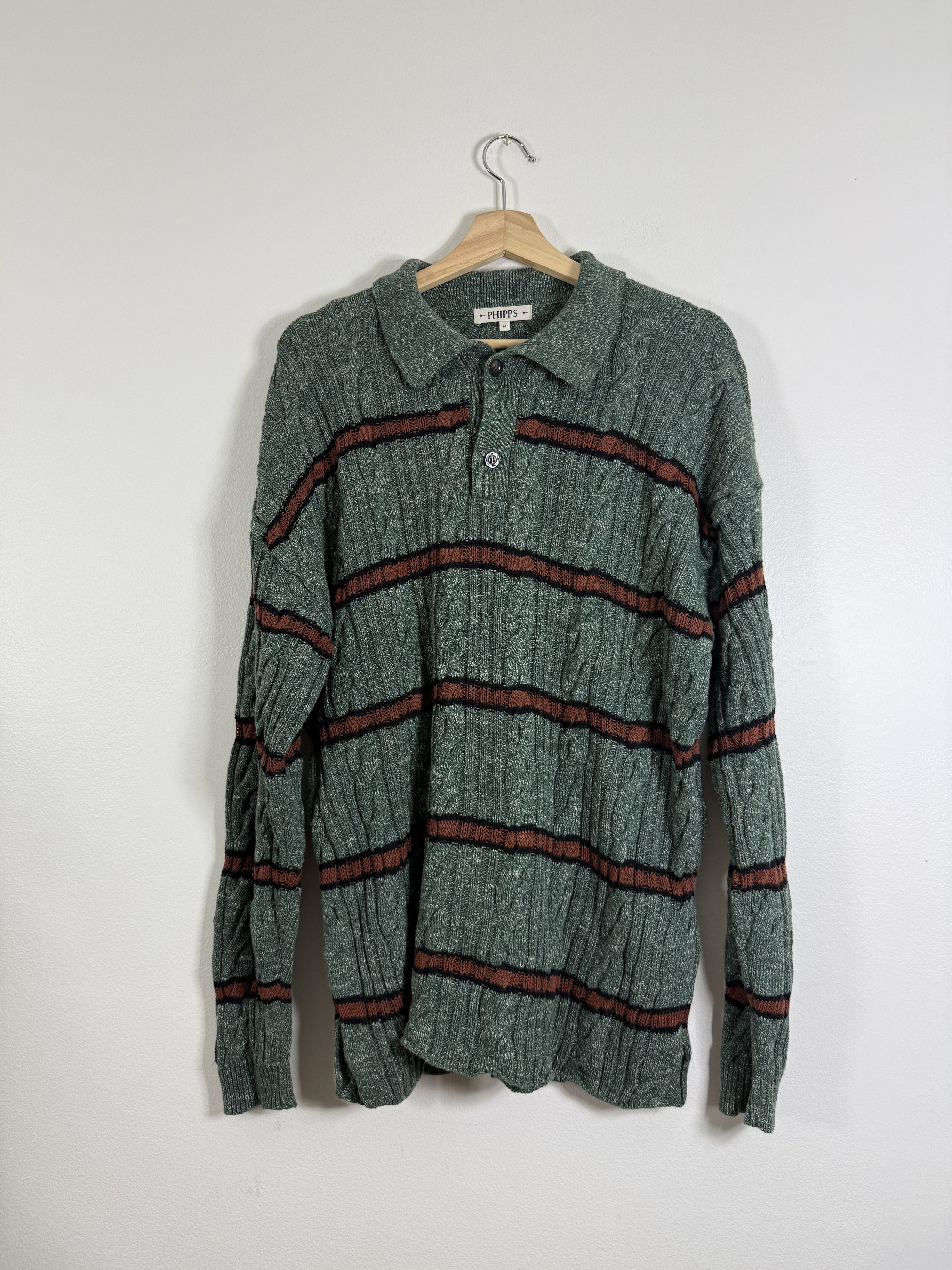 Phipps Green Wool Striped Cable Knit Polo Sweater Size US M / EU 48-50 / 2 - 1 Thumbnail