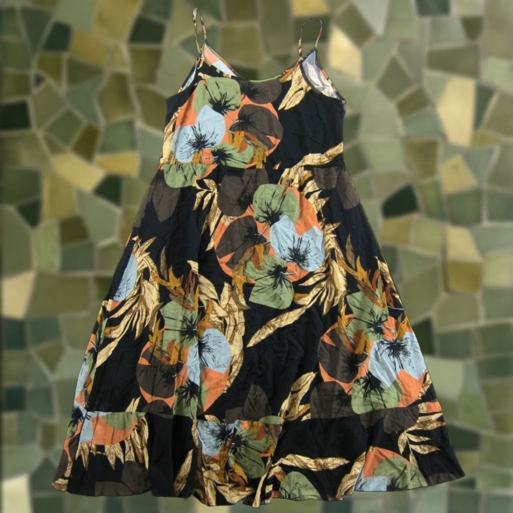 Vintage BROVAVE Maxi Dress Sundress Floral 100% Rayon L Green Black Blue V-Neck Sleeveless Sun Dress L Womens Size L / US 10 / IT 46 - 1 Thumbnail