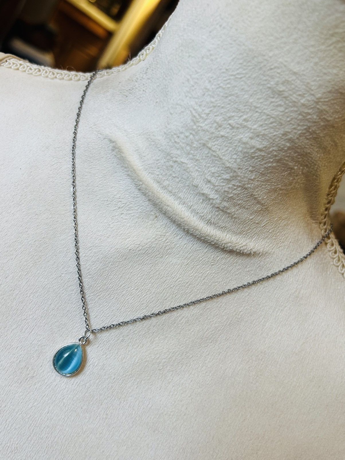 Handmade Handcrafted raindrop blue cat eye glass pendant necklace Size ONE SIZE - 1 Thumbnail