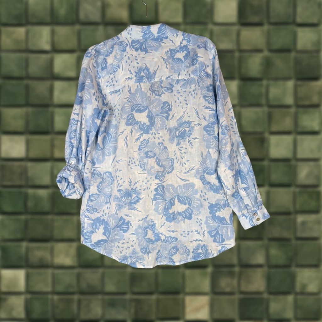 ALOHAS Sigrid Olsen Blouse M Linen Roll Tab Sleeve Button Down Blue Floral Beach Tunic Womens Size M / US 6-8 / IT 42-44 - 1 Thumbnail